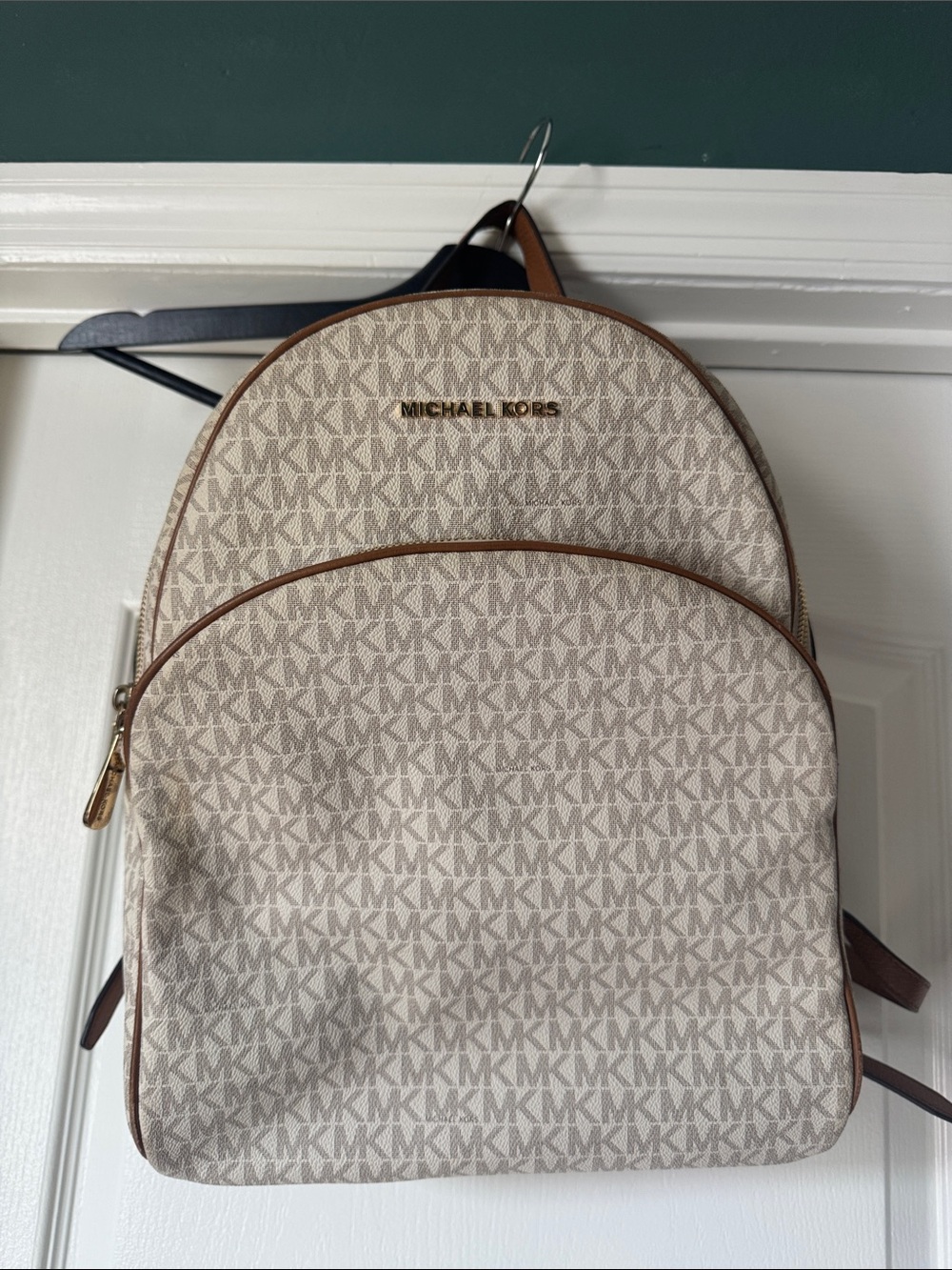 Michael Kors Beige White Signature MK Backpack with Tan Trim
